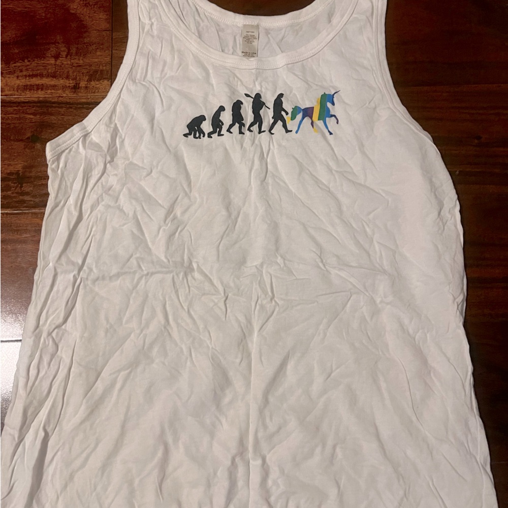 Yoga Democracy, size medium tank top, white, unicorn evolution graphic